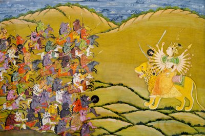 Pintura Marwar: Los demonios se preparan para la batalla contra la diosa Durga, Museo del Palacio de Mehrangarh, Jodhpur, Rajasthan, India de Unknown