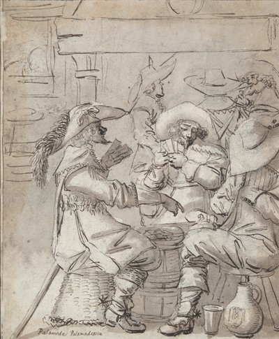Hombres jugando a las cartas (anverso); Inn interior con hombre de pie fumando (verso) de Unknown