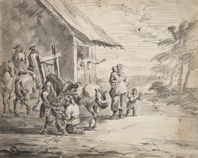 Hombres herrar un caballo fuera de un Country Inn de Unknown