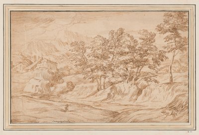 Paisaje montañoso con casas a la izquierda y árboles a la derecha de Unknown