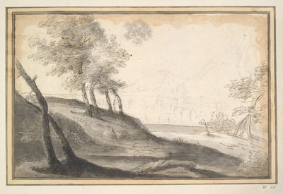 Paisaje montañoso con árboles y ciudad en la distancia. de Unknown