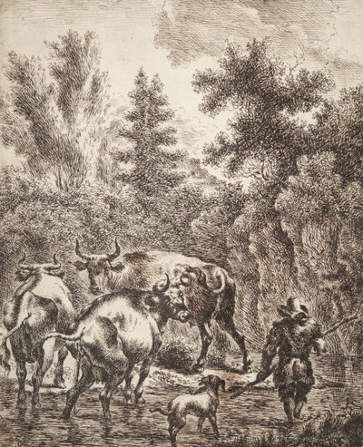 Arroyo de vadeo campesino con ganado y perros de Unknown