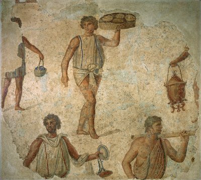 Preparativos para un banquete, fragmento de pavimento de mosaico de mármol, piedra caliza y vidrio de Cartago, romano de Unknown