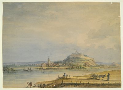 Escena del río con ciudad, castillo en la colina y campesinos trabajadores de Unknown