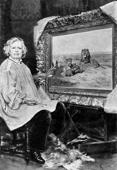 Rosa Bonheur (1822-1899) pintora de vida silvestre francesa aquí frente a uno de sus lienzos que representa leones c. 1875 de Unknown