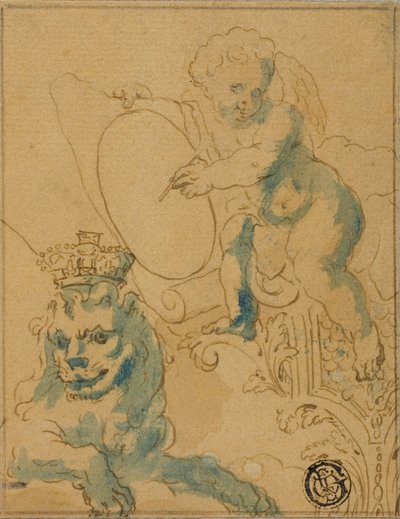 Sección de decoración del techo con Cupido con pergamino y león con corona de Unknown
