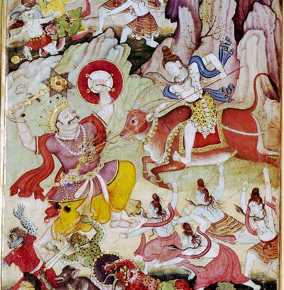 Siva destruye al demonio Andhaka, manuscrito Harivamsa, Mughal, c1590 de Unknown