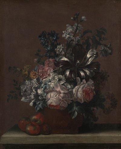Naturaleza muerta con flores y frutas (¿manzanas?) de Unknown