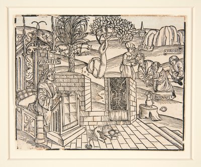 Los pastores Chromis y Mnasyle atando al durmiente Silenus. 1502. De una publicación ilustrada de Virgilio de Unknown