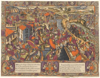 La historia de Jeremías: Baruc escribe un libro bajo Jeremías, los caldeos sitiaron Jerusalén, Jeremías es puesto en una zanja (Jeremías 36-38) de Unknown