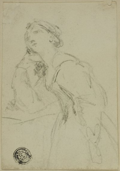 Boceto de tres cuartos de mujer con vestido de noche apoyando la cabeza en la mano derecha de Unknown