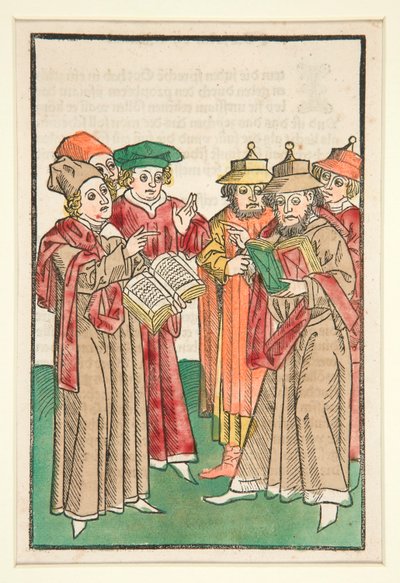 Tres eruditos cristianos y tres judíos en disputa, ilustración de Der Seelen-Wurzgarten de Unknown