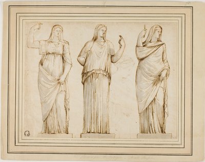 Tres estatuas romanas de figuras femeninas con túnicas y boceto de otra estatua en perfil hacia la derecha de Unknown