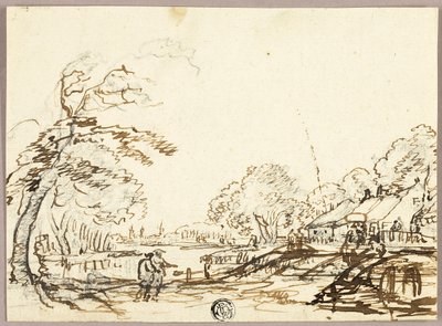 Dos figuras junto al río, cerca de puentes y casas (anverso); Dos figuras en un puente mirando a un hombre en una batea (reverso) de Unknown