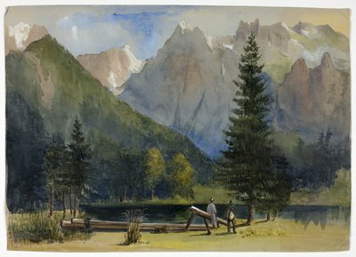 Dos hombres junto al estanque bajo los Alpes de Unknown