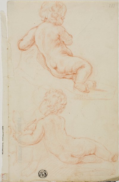 Dos putti vistos desde atrás, uno escribiendo de Unknown