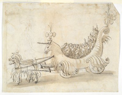 Dos estudios de vestuario (anverso); Carro en forma de unicornio (verso) de Unknown