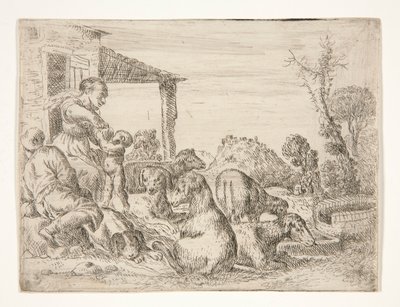 Sin título (Familia campesina con perros y corderos en un paisaje) de Unknown