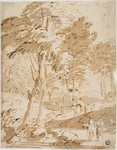 Paisaje arbolado con figuras y animales de Unknown