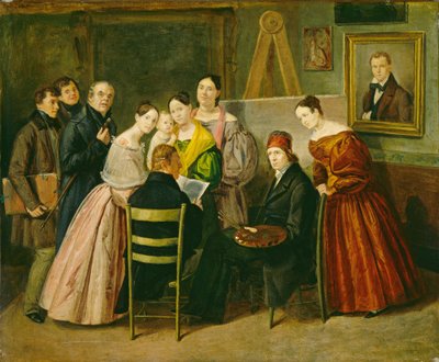 Un pintor y visitantes en un estudio de Unknown 19th Century