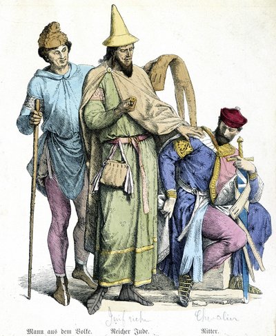 Trajes del siglo XI: judío rico y caballero - grabado de Unknown artist