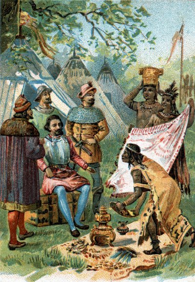 1518 - 1519: Fernando Cortés partió para la conquista de México y recibe los presentes del emperador Moctezuma. de Unknown artist