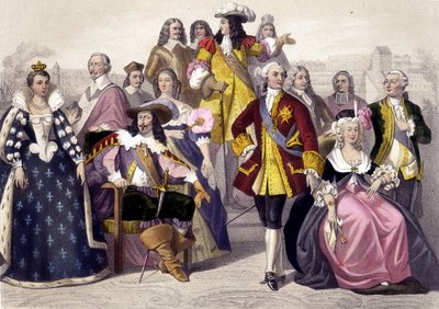 1610 a 1774. María de Médici, Luis XIII, Luis XV, María Antonieta y Luis XVI. Grabado del siglo XIX de Unknown artist