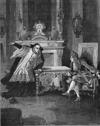 El rey de Francia Luis XIV (1638-1715) escuchando las palabras del Padre Michel Le Tellier (1643-1719), su confesor jesuita. Grabado del siglo XIX. En “Histoire de France” de Jules Michelet de Unknown artist