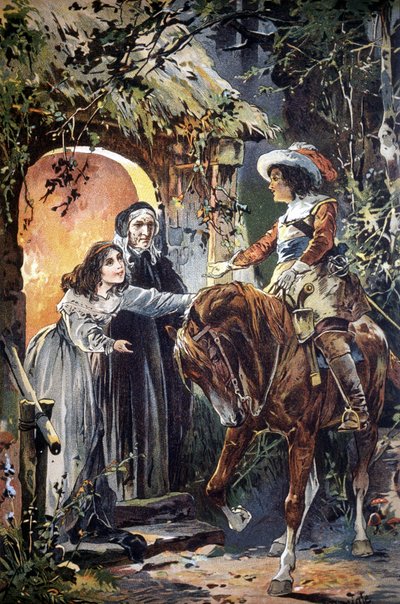 Ilustración del siglo XIX que representa un episodio de una fábula infantil: un caballero visitando a una joven y su abuela. Grabado de Unknown artist