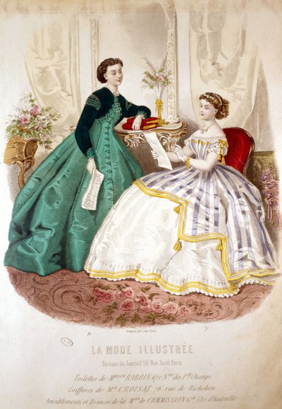 2 mujeres leyendo: aseo de la señorita Raboin y los peinados de M. Croisat - en “La Moda ilustrada” de Unknown artist