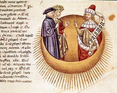 Cuarto Cielo: Dante y Beatriz encuentran al Rey Salomón. Página iluminada que ilustra un canto del Paraíso de la 