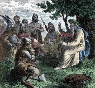 Un bardo recitando a los nórdicos - Civilización vikinga: Un bardo druida recita poesía a los guerreros, siglo VIII-IX de Unknown artist