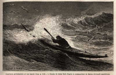 Un kayak de Groenlandia, pasando la barrera de olas. Grabado para ilustrar el viaje al mar libre del polo Ártico, por el Doctor Hayes, cirujano de la Marina de los Estados Unidos, en 1860-1862, publicado en "Le tour du monde, nouveau journal des voyages",  de Unknown artist
