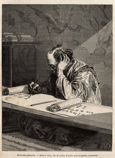 Un escritor japonés tiene su mesa de trabajo, redactando un texto en un largo rollo que enrolla o desenrolla según el progreso de su tarea. Grabado para ilustrar el viaje a Japón en 1863-1864, por Aime Humbert, ministro de la Confederación Suiza, en “Le to de Unknown artist