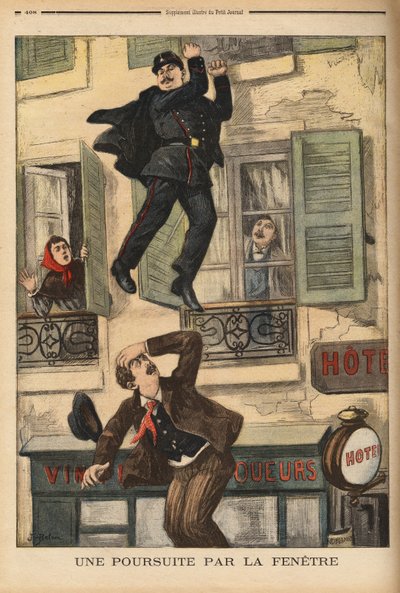 Un policía de Montreuil no duda en lanzarse por la ventana para perseguir a un ladrón, que acaba de saltar para escapar de sus perseguidores. Grabado en "Le petit journal" 17/12/1899. Colección Selva de Unknown artist