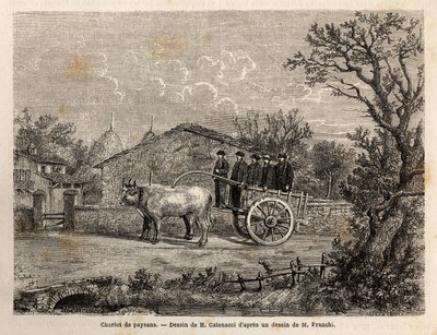Un carro sienés de campesinos, con dos ruedas, para el transporte de barriles de vino, tirado por un par de pequeños bueyes blancos. Grabado para ilustrar un viaje a Siena (Italia) en 1865, en “Le tour du monde, nouveau journal des voyages” publicado bajo  de Unknown artist