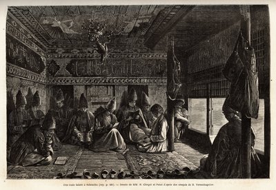 Una escuela tártara en Schusha (Transcaucasia, Rusia), la instrucción es dada a los niños por el mullah, y consiste exclusivamente en lectura y escritura, así como en comentarios sobre los versos del Corán. Grabado para ilustrar el viaje en las provincias  de Unknown artist