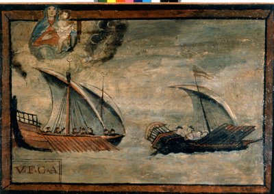 Una galera turca persigue una galera del Reino de Nápoles. Exvoto del siglo XVII. Iglesia de la Madonna dell