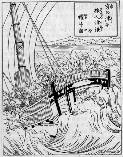 Una ola de fondo formada por un terremoto. Facsímil de un grabado de una obra japonesa sobre terremotos. Grabado en “La Nature: revue des sciences et de leurs aplicaciones aux arts et a l
