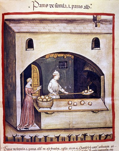Un panadero prepara pan blanco y pan de sémola. Iluminación del tratado de medicina y dietética "Tacuinum sanitatis" de Unknown artist