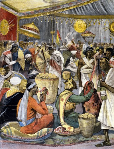 Un banquete en la corte del rey Menelik II (1844 - 1913) en Etiopía. Ilustración para la prensa de finales del siglo XIX. de Unknown artist