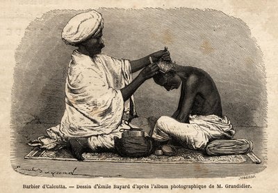 Un barbero trabajando en las calles de Calcuta. Grabado para ilustrar el viaje en las provincias meridionales de la India, por Alfred Grandidier, en 1862-1864, publicado en 