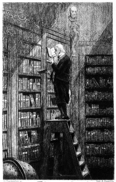 Un bibliotecario en su escalera examinando libros en estanterías. Grabado del siglo XIX de Unknown artist
