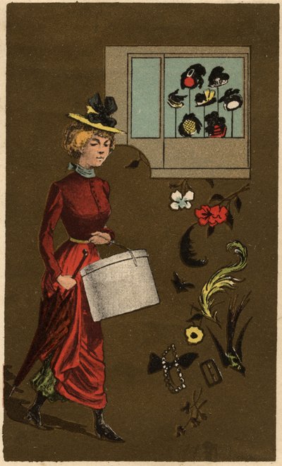 Una mujer burguesa llevando una sombrerera, cromolitografía anónima, finales del siglo XIX. de Unknown artist