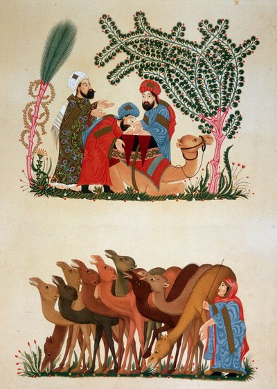 Una caravana en movimiento. Ilustración del siglo XIII de las "Maqamat" (Sesiones) por Abu Mohammed al-Kasim ibn Ali Hariri (o Al-Hariri o Al Hariri) (1054-1122) en "Arte Árabe" de los monumentos de El Cairo del siglo VII al XVIII por P de Unknown artist