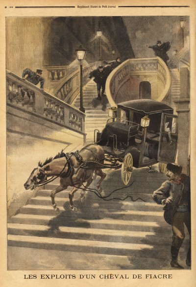 Un caballo de carruaje, abandonado por su cochero, se adentra en las escaleras de la Rue d