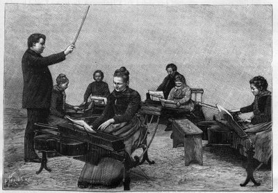 Un concierto de monocordios ejecutado por niñas. Grabado en “La Nature. Revue des sciences et de ses aplicaciones aux arts et à l