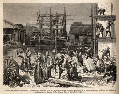 Un sitio de construcción para una casa europea en Edo (Tokio) con cortadores de piedra, terraceros, mezcladores de mortero, yeseros y carpinteros empleados allí. Grabado para ilustrar el viaje a Japón, por Aime Humbert, ministro de la Confederación Suiza,  de Unknown artist