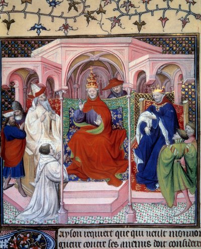 Un consejo presidido por el Papa Clemente V (1264-1314) (en presencia de un rey probablemente Felipe el Hermoso). Miniatura tomada de La Fleur des histoires de la terre d
