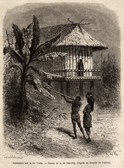 Una pareja de indios de Río Verde (Brasil) el hombre con su cerbatana, frente a una casa típica sobre pilotes. Grabado para ilustrar el viaje a Nueva Granada, por el Dr. Saffray, en 1869, publicado en 